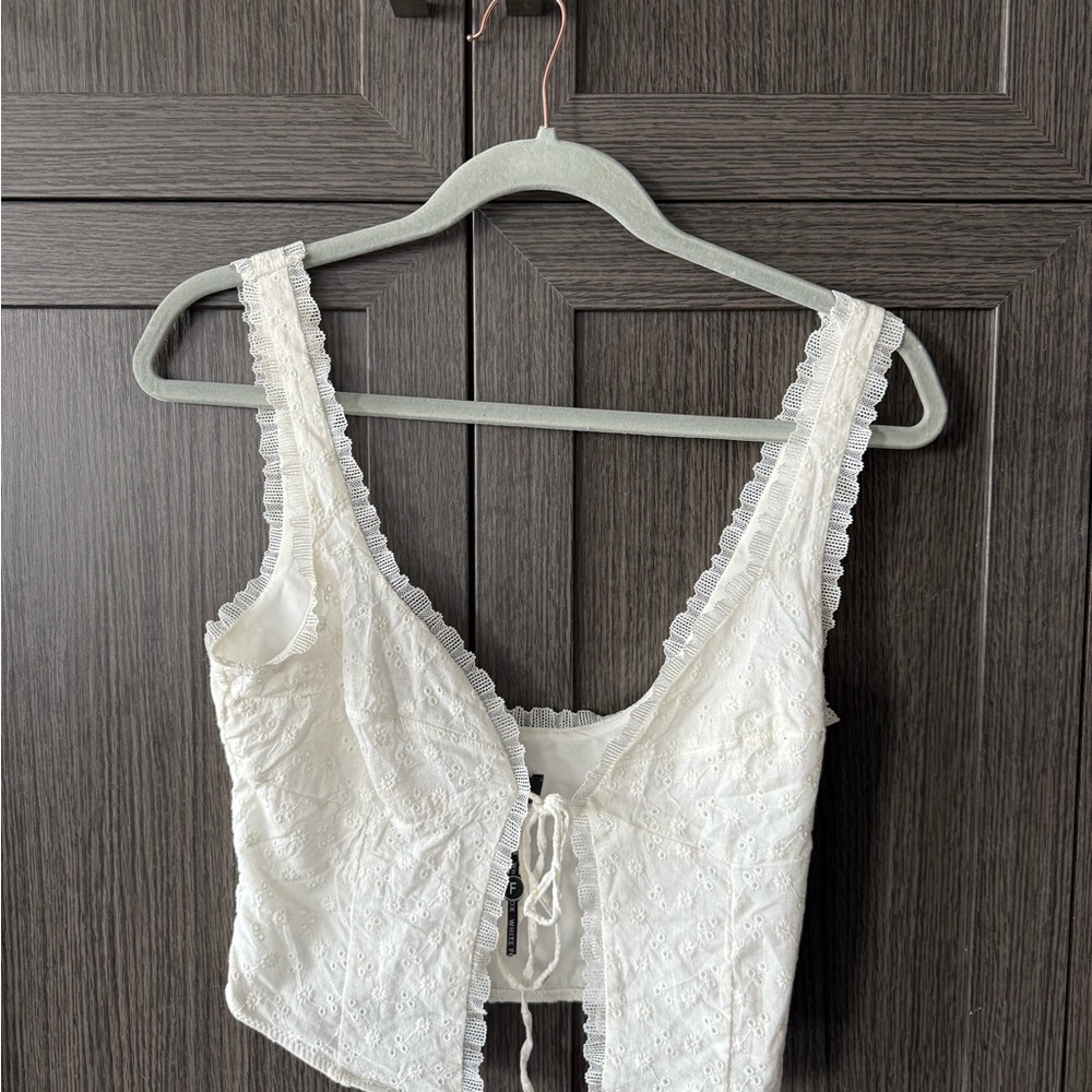 White Eyelet Lace Tie-Front Crop Top